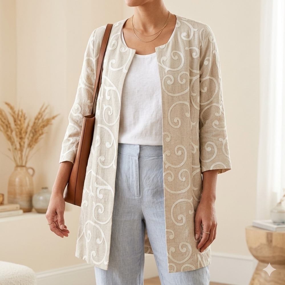 Sigrid Olsen 100% Linen Cardigan Embroidered Long Jacket S Small Beige Cream